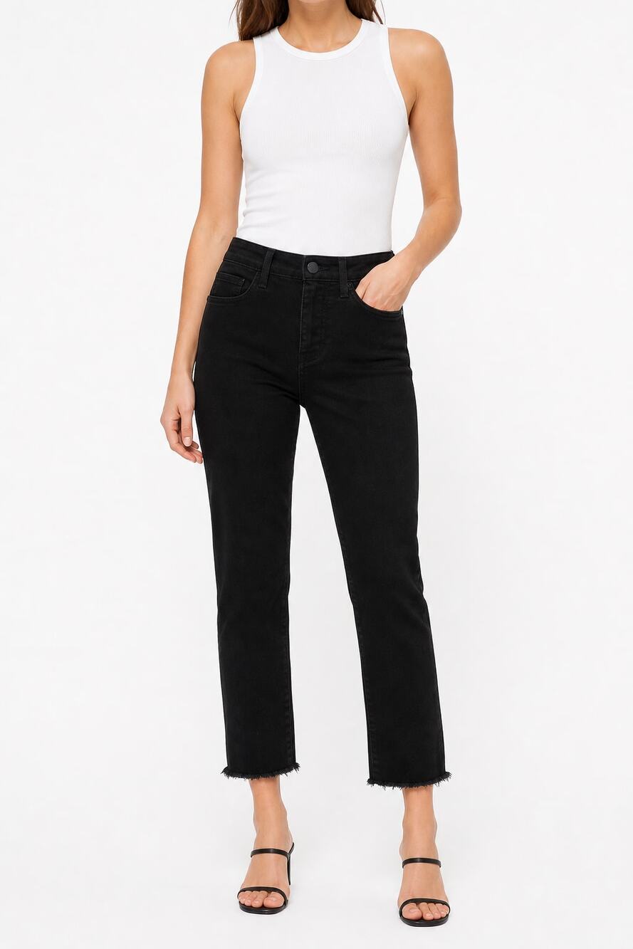 L'AGENCE Audrina High Rise Straight Leg Jeans Black Raw Hem Size 24 Cotton